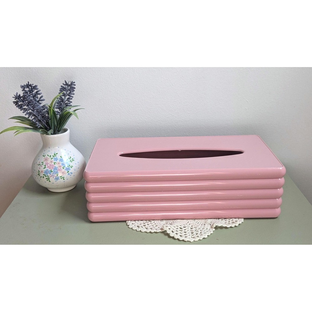 Vintage Pink Plastic Tissue Box Cover Retro Ribbed Bathroom Decor